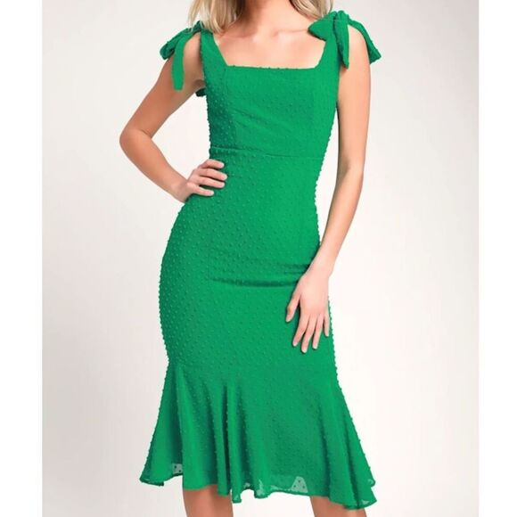 Lulu's Bimini Swiss Dot Tie-Strap Midi Dress, Kelly Green, L, Trumpet Hem 2/$50 - Picture 1 of 15